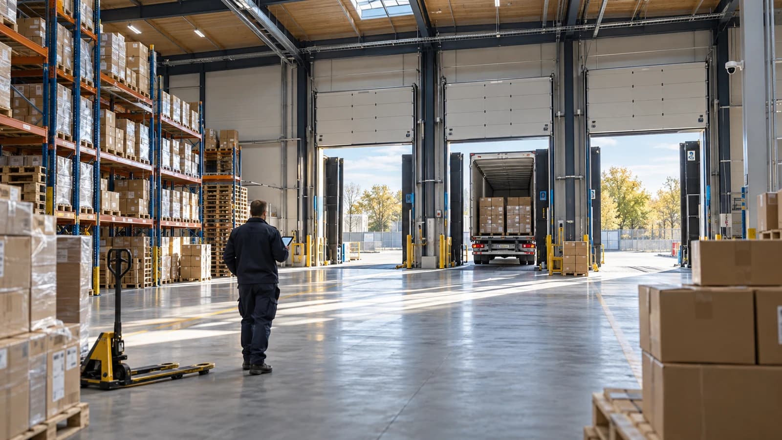 Entrepôt lumineux avec rayonnages, quais ouverts, camion et responsable tenant une tablette