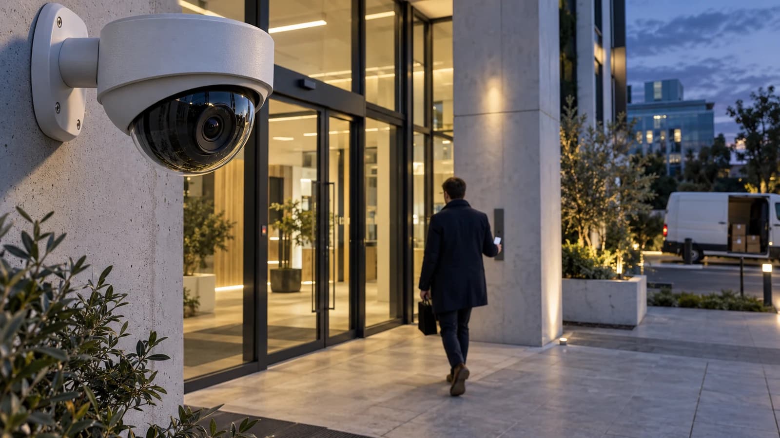 Caméra à l’entrée de bureaux au crépuscule, avec une personne présentant un badge devant la porte
