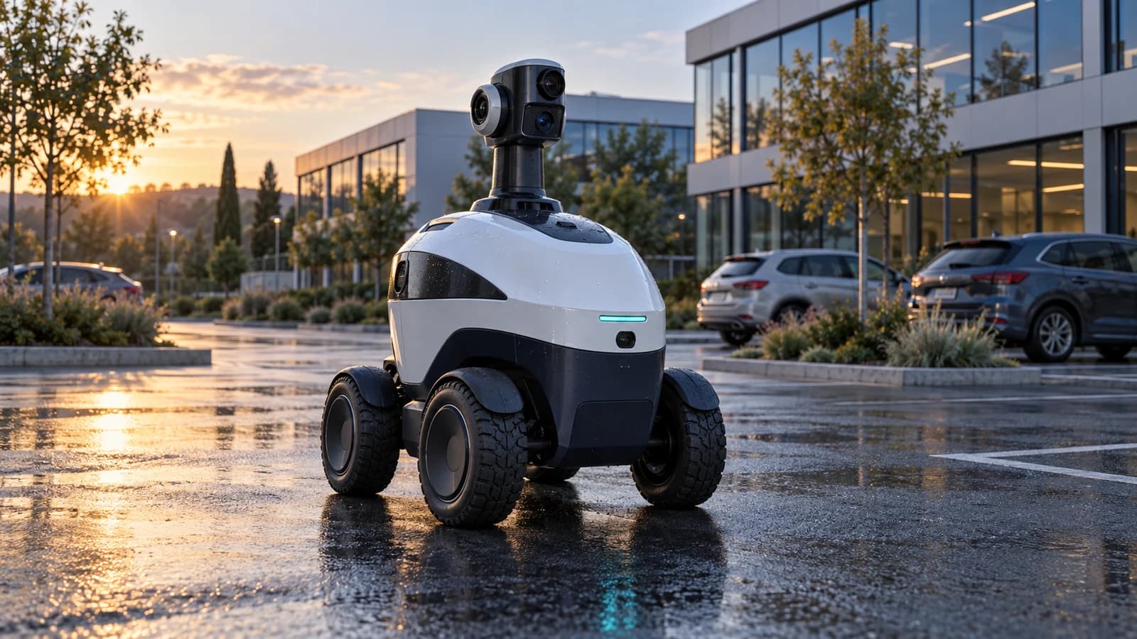 Robot de patrouille fictif à roues, équipé de caméras, dans le parking d’un campus de bureaux