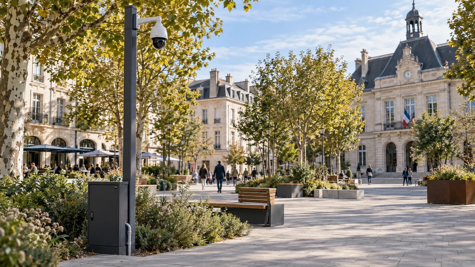 Caméra sur un mât et coffret technique devant une place municipale arborée fictive