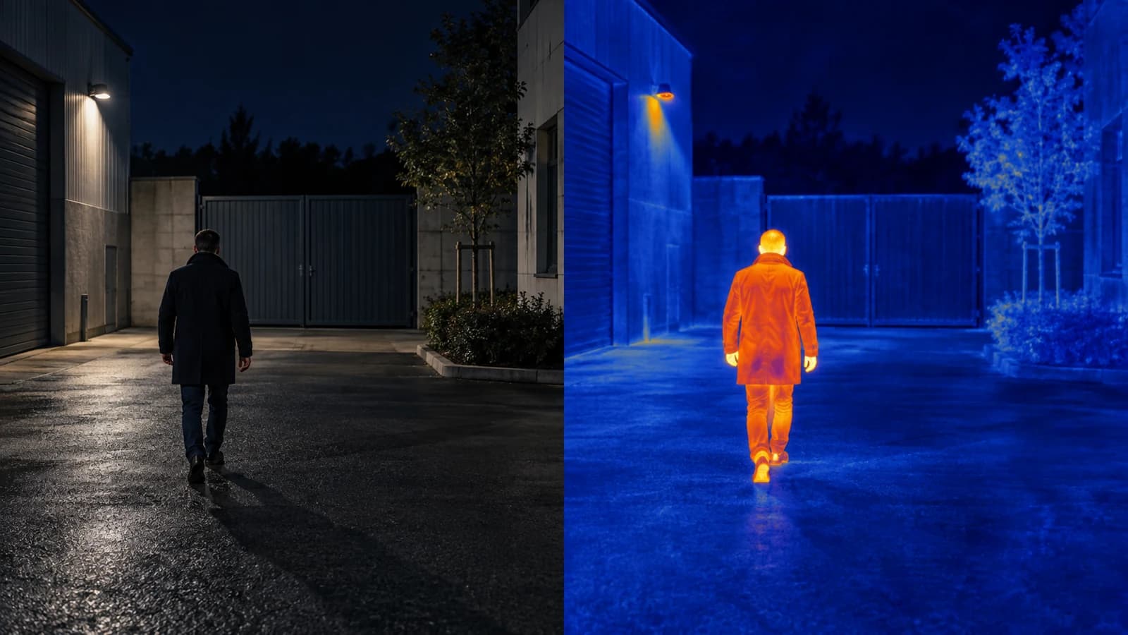 Comparaison illustrative d’une personne dans une cour sombre, en lumière visible et en fausses couleurs thermiques