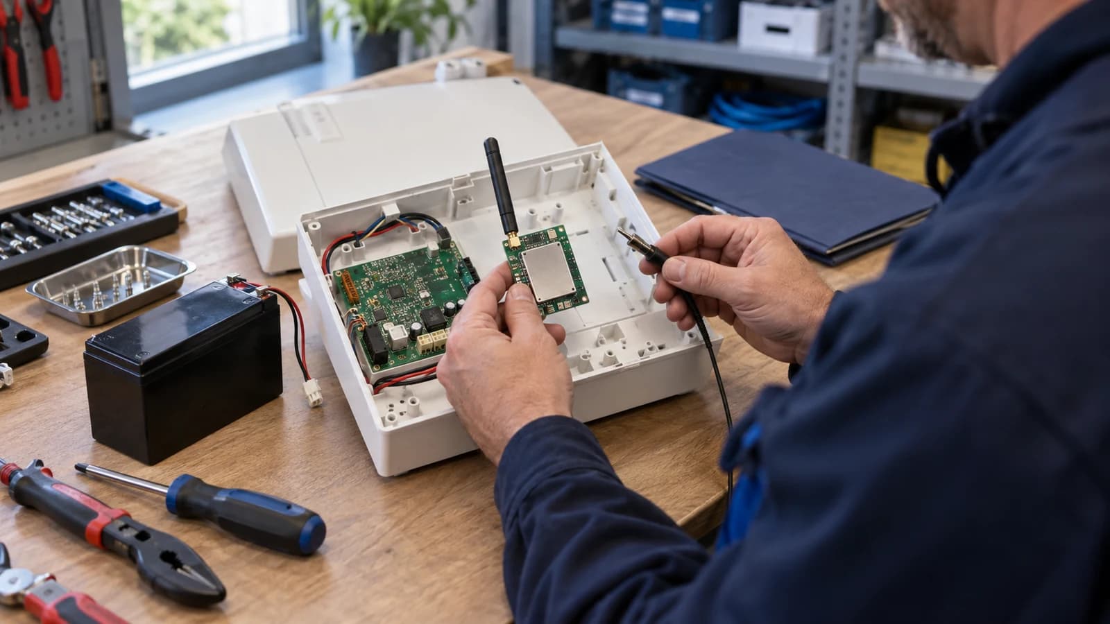 Technicien tenant un module de communication à antenne près d’une centrale d’alarme ouverte sur un établi