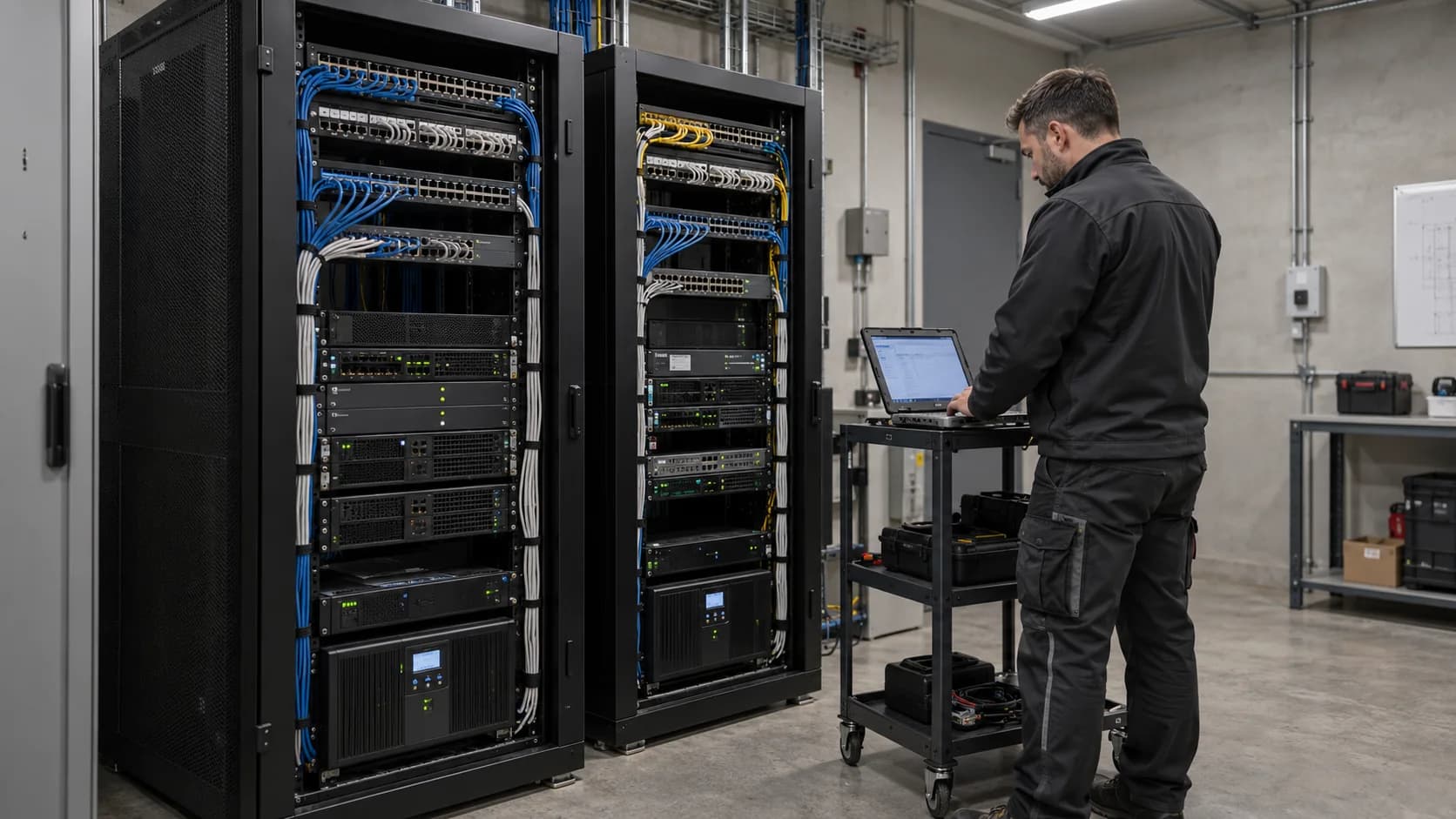Technicien contrôlant des équipements réseau et des alimentations dans deux baies d’une salle technique