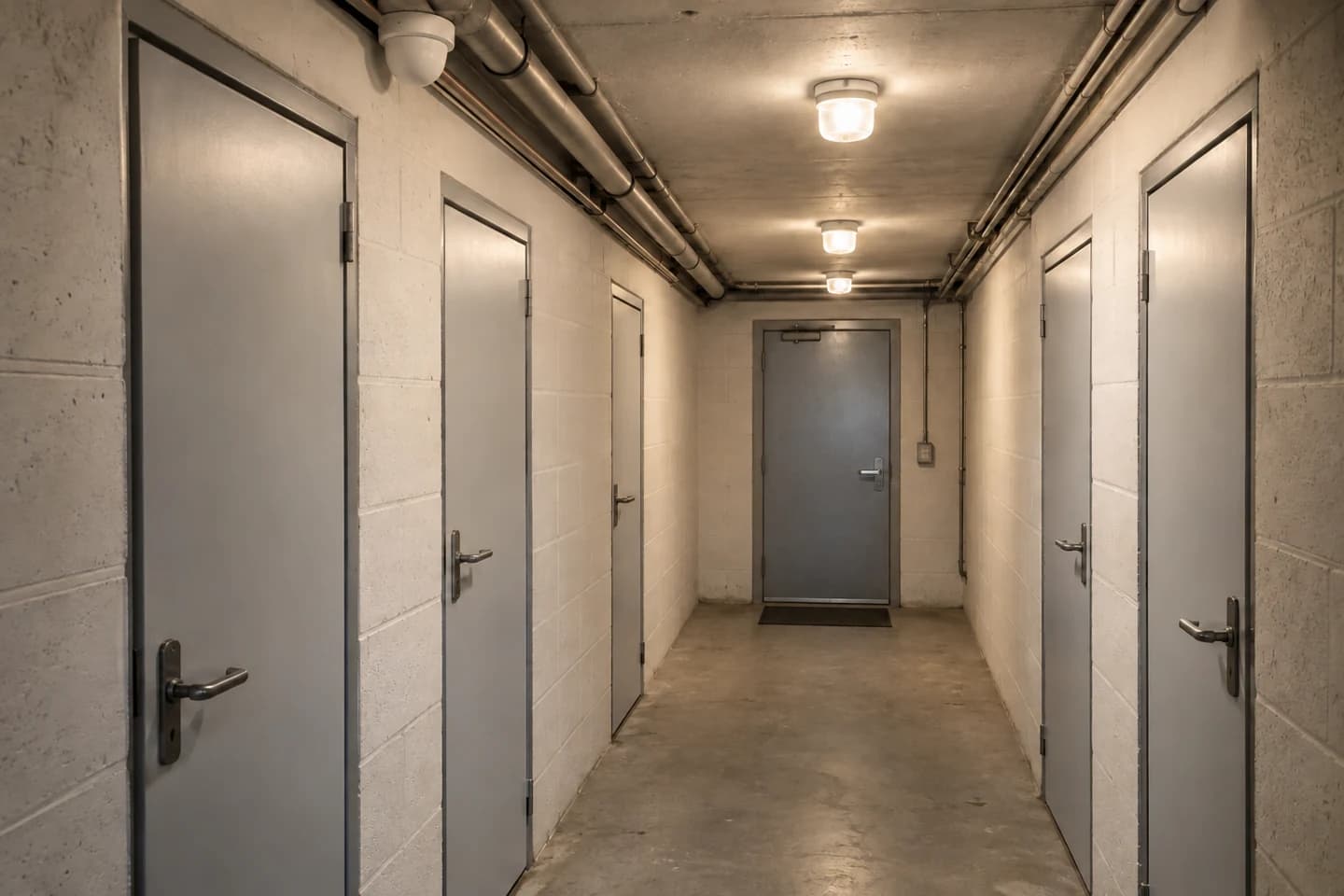 Circulation de caves en copropriété avec porte commune équipée d’un ferme-porte et accès distincts aux espaces de stockage
