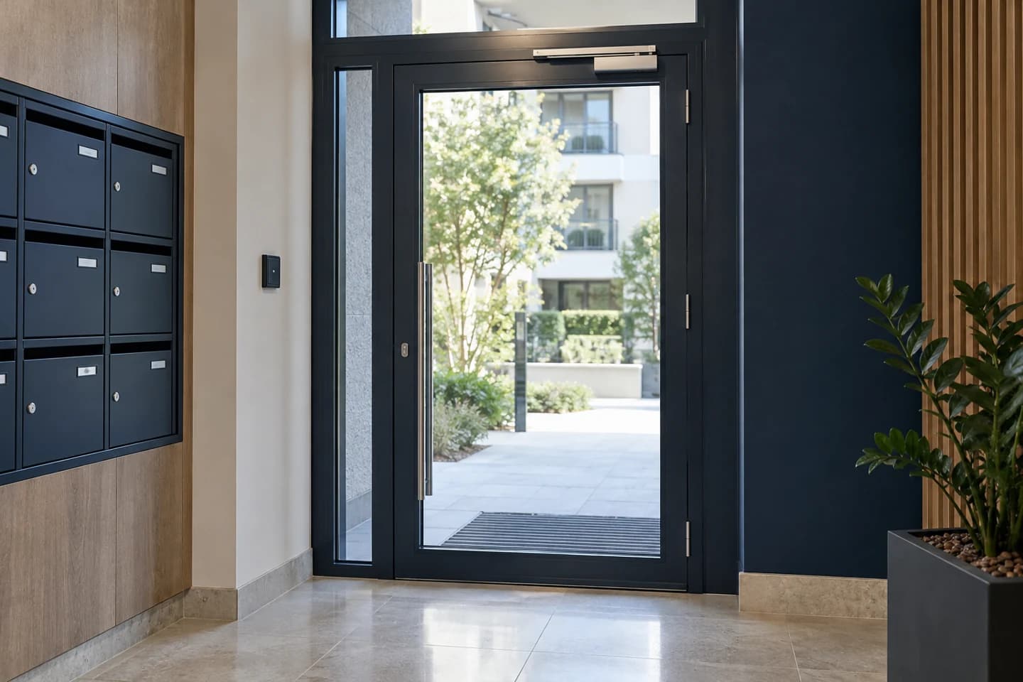 Porte vitrée de hall de copropriété avec ferme-porte à glissière et lecteur de badges près de l’entrée