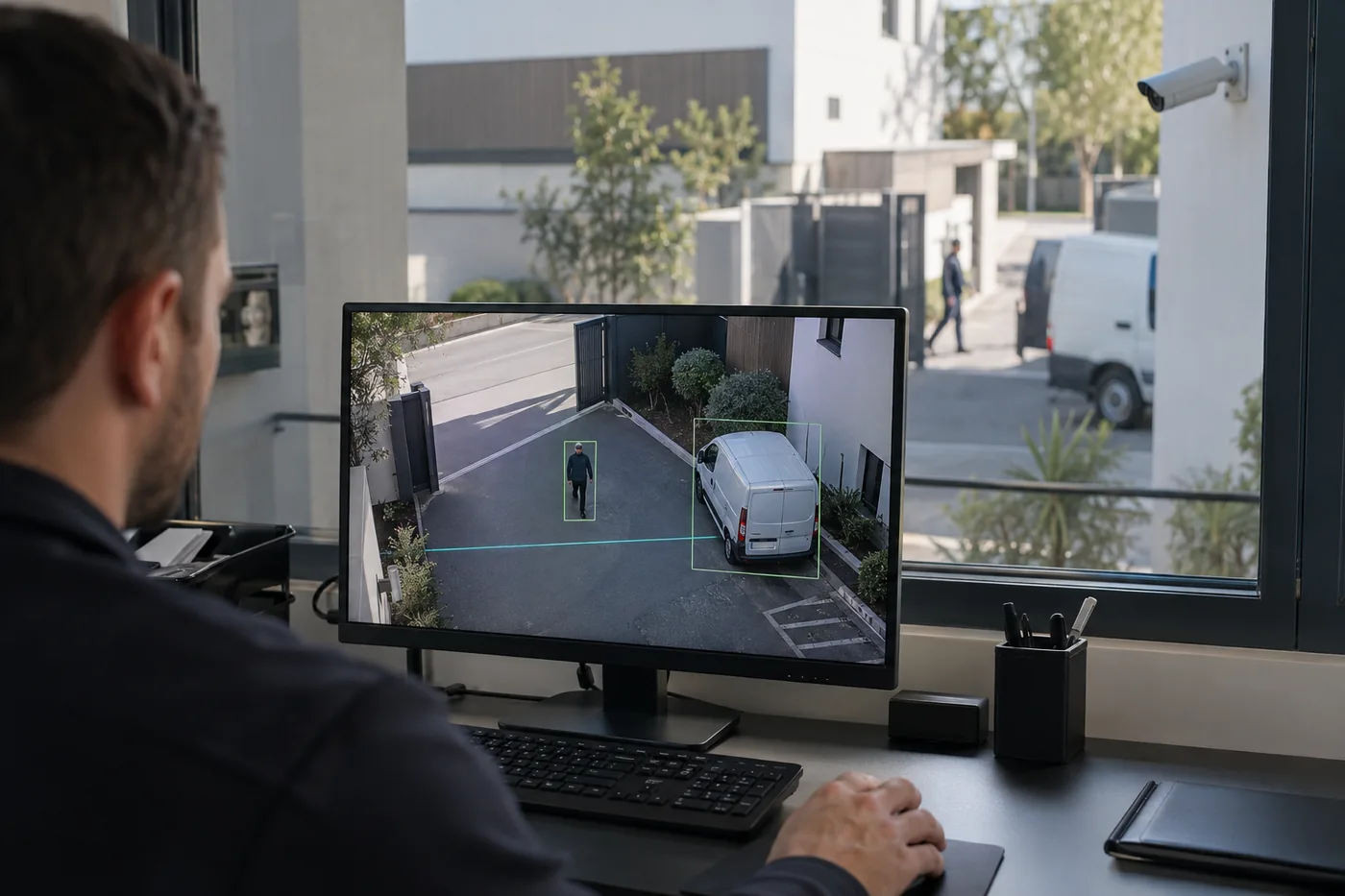 Écran physique d’analyse vidéo avec personne, véhicule et ligne virtuelle dans une cour privée — visuel d’illustration