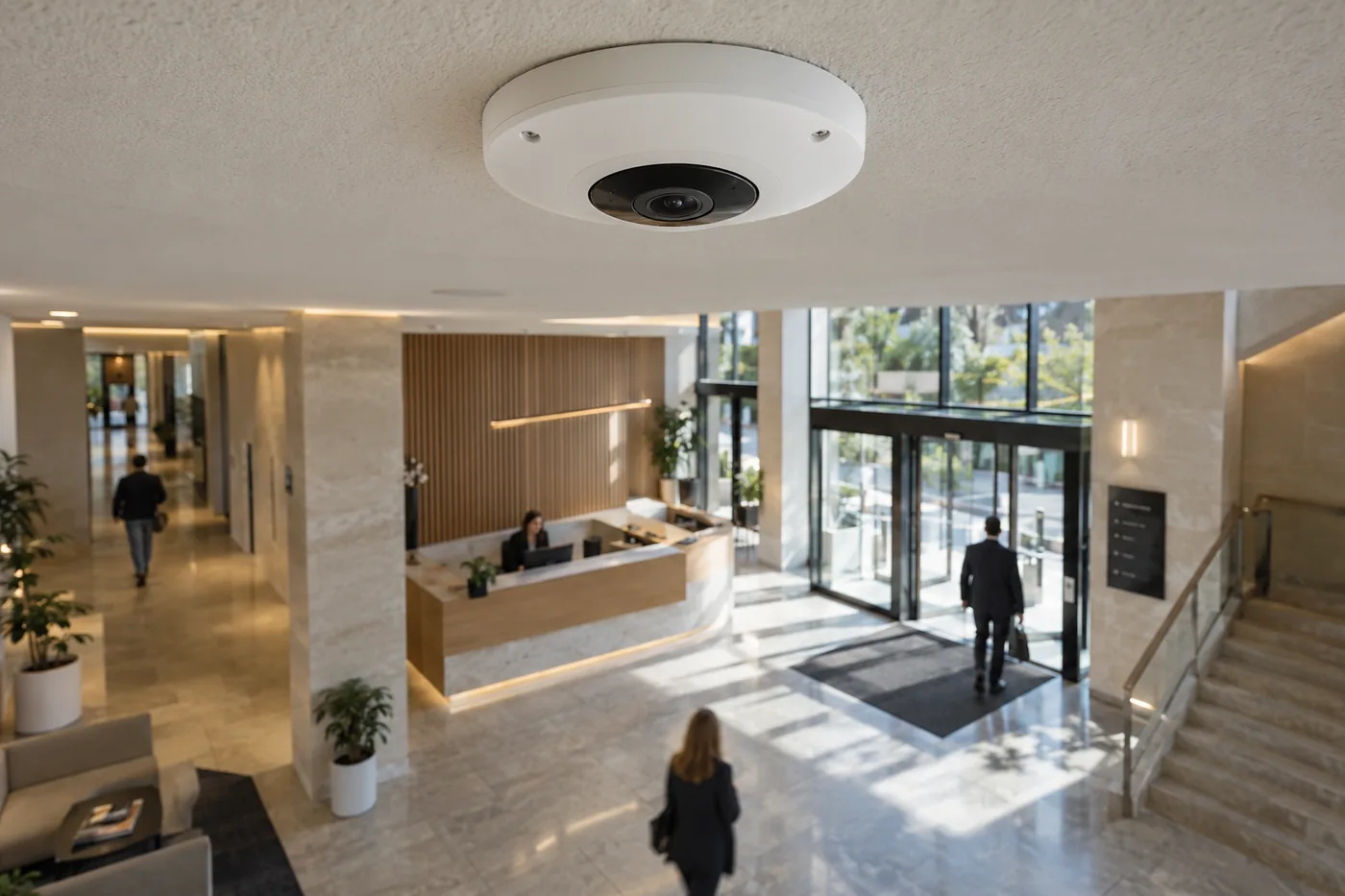 Caméra fisheye à objectif central au plafond d’un hall avec plusieurs circulations — visuel d’illustration
