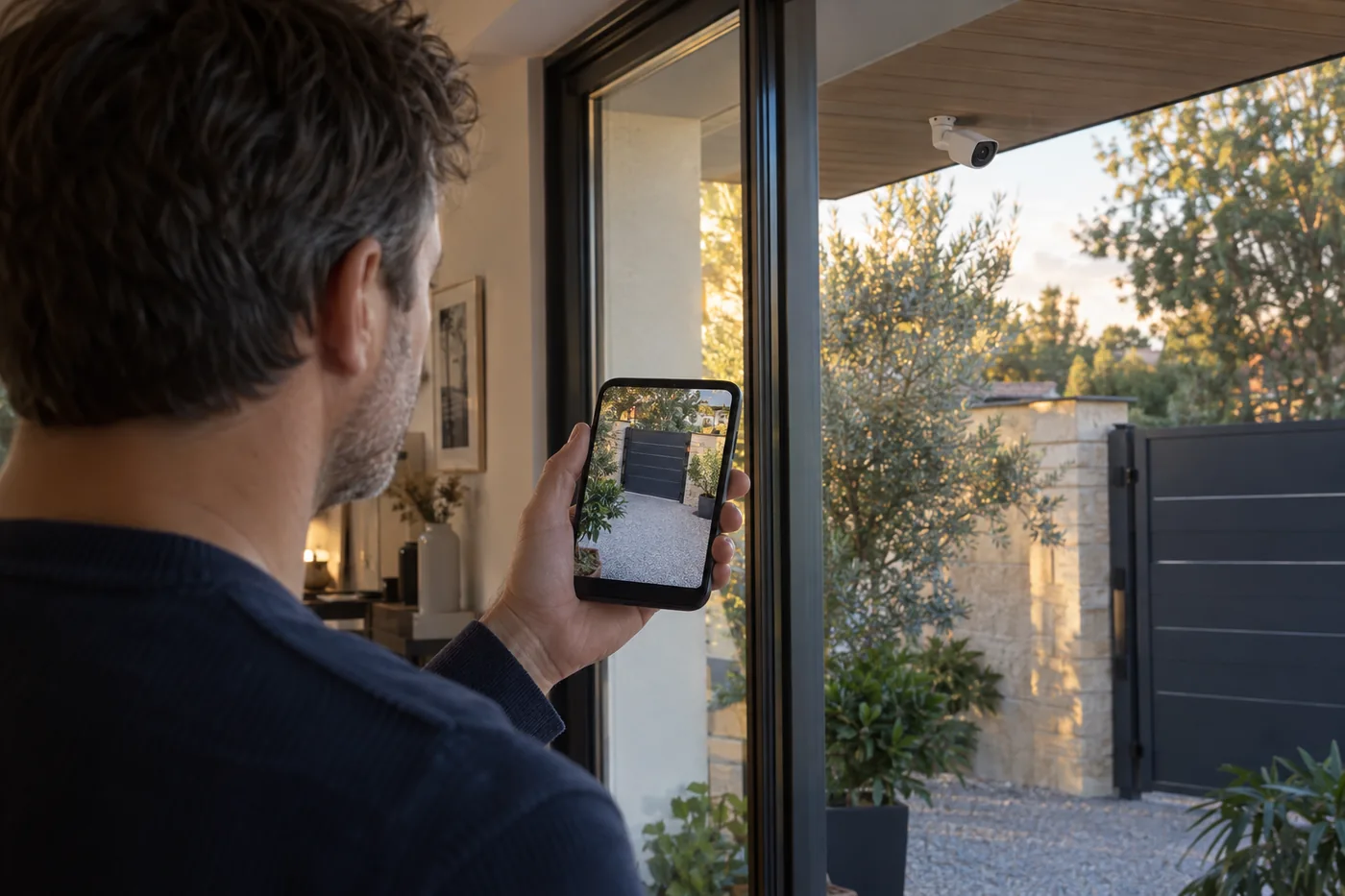 Propriétaire consultant sur son téléphone la caméra de son accès de jardin privé — visuel d’illustration