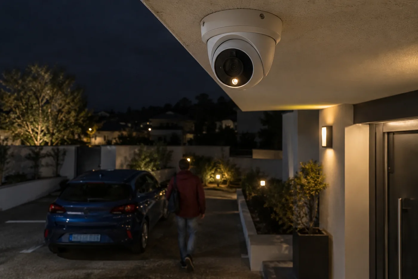 Caméra faible lumière face à un parking nocturne avec vêtement bordeaux et véhicule bleu visibles — visuel d’illustration