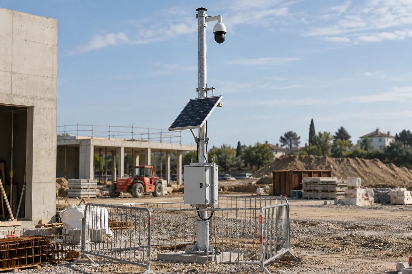 Mât temporaire de chantier avec caméra, panneau solaire et coffret de batterie protégé — visuel d’illustration