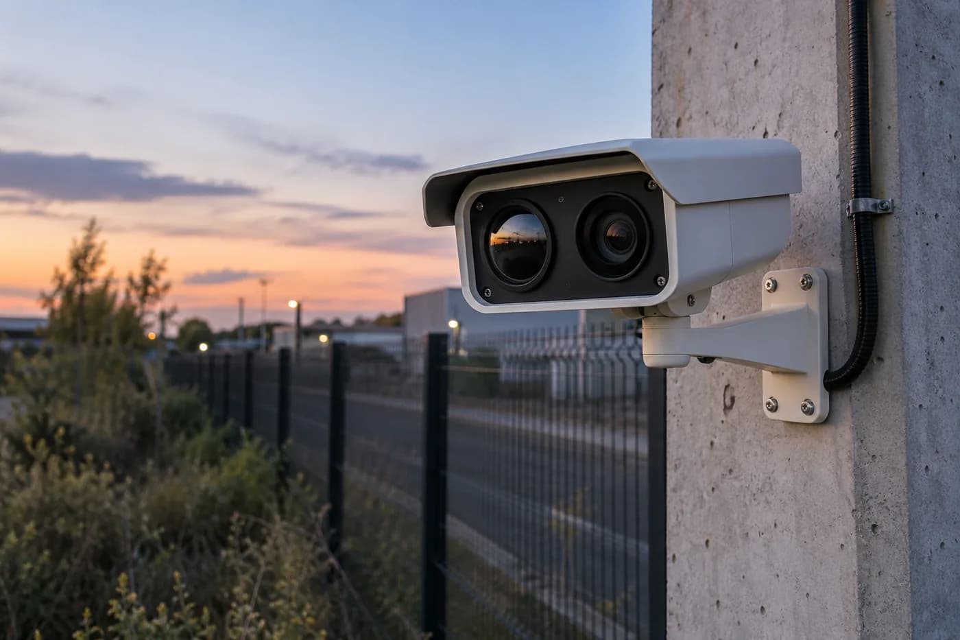 Caméra bi-spectrale à deux ouvertures optiques surveillant une clôture industrielle au crépuscule — visuel d’illustration