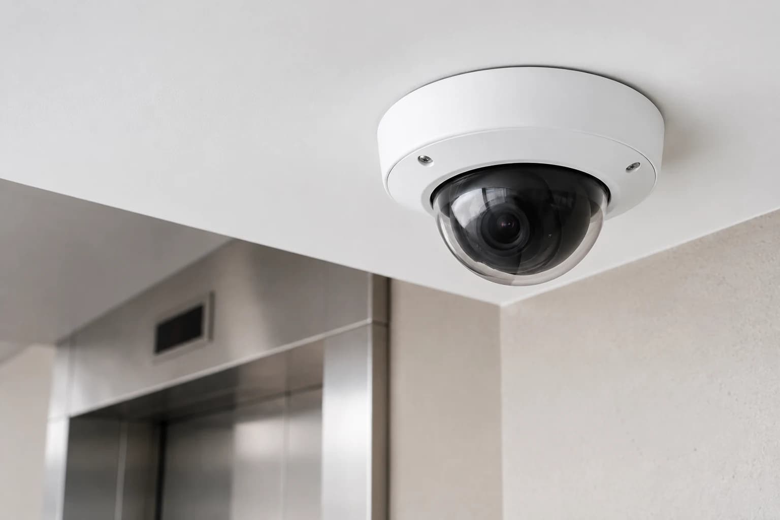 Dôme anti-vandalisme posé au plafond d’un hall près de l’ascenseur