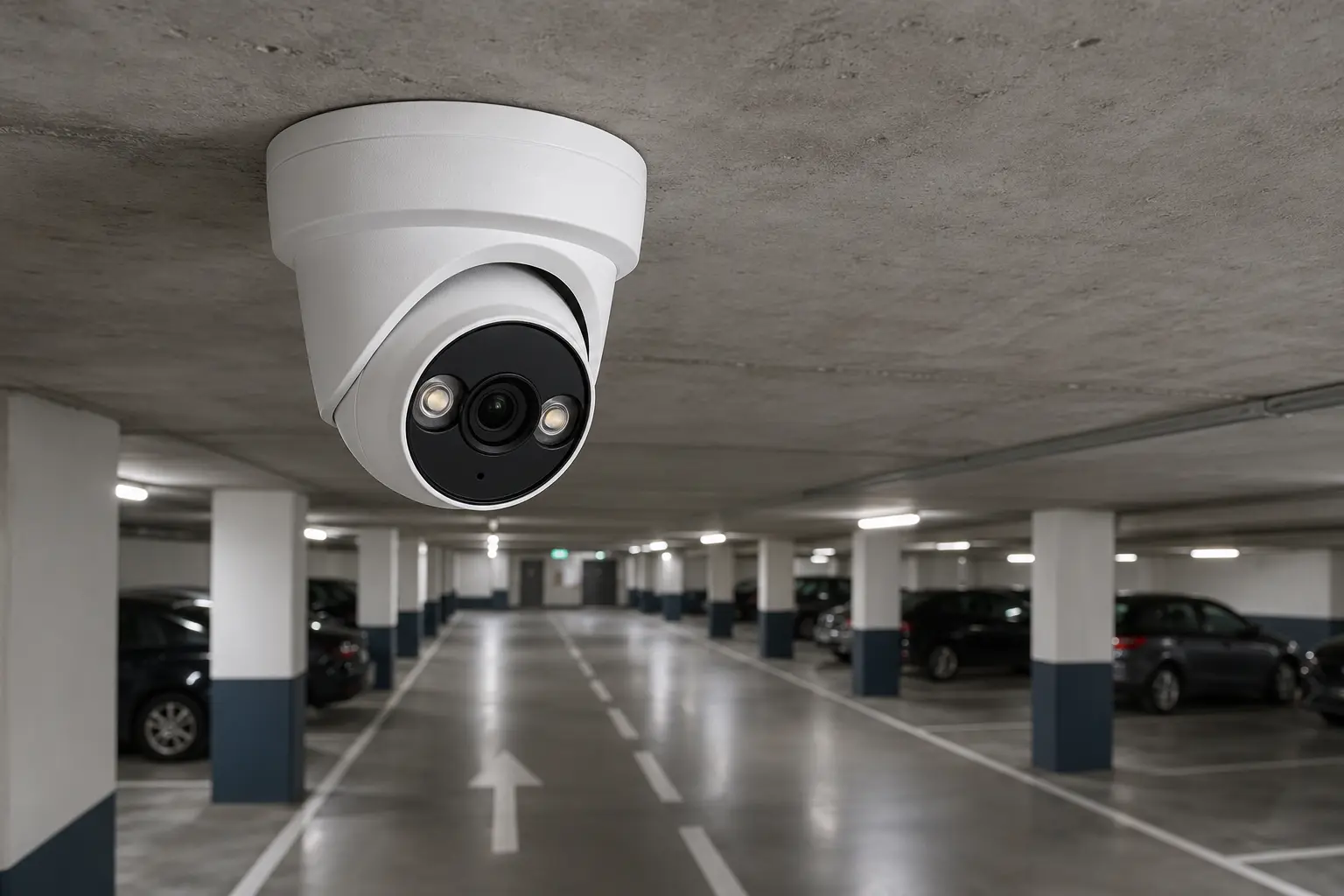 Caméra tourelle professionnelle posée au plafond d’un parking de copropriété