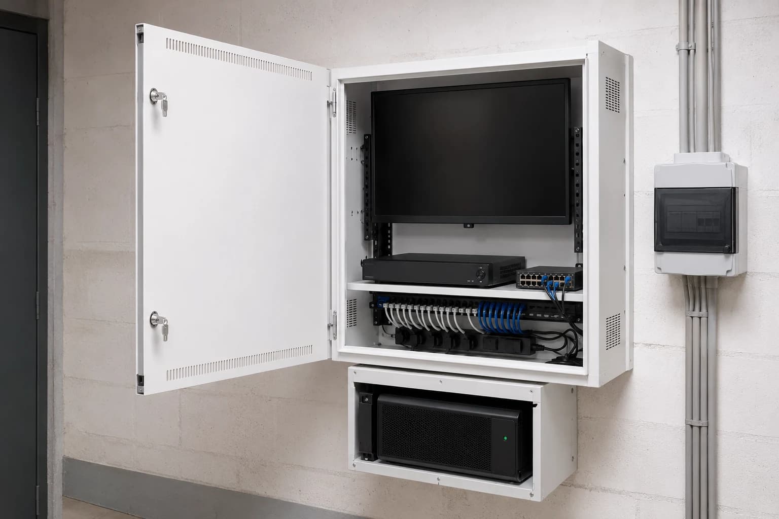 Coffret mural de vidéosurveillance ouvert avec écran, NVR, switch et onduleur