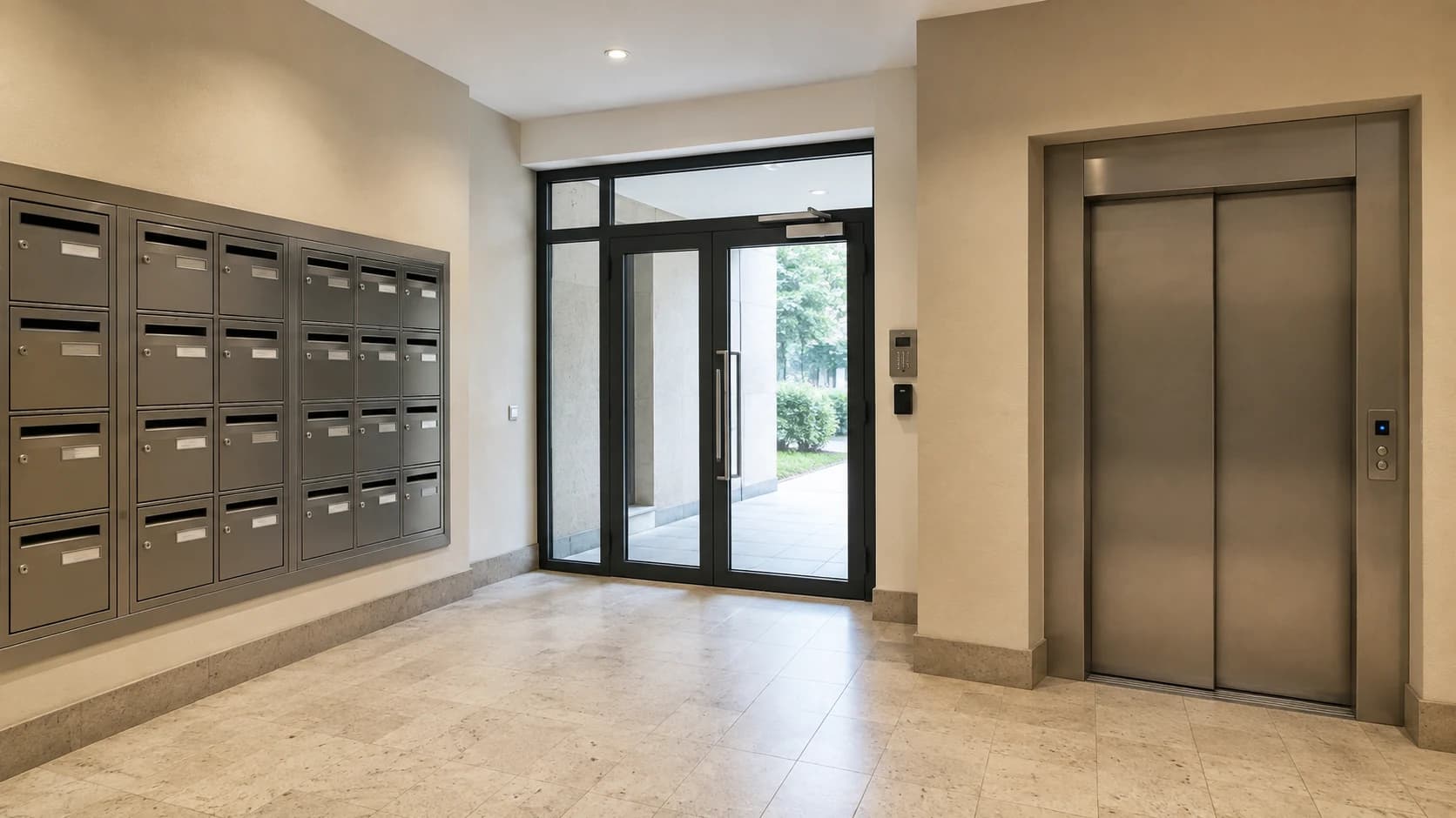 Hall de copropriété montrant les boîtes aux lettres, la porte d’entrée et l’ascenseur pour illustrer une recherche vidéo par zone