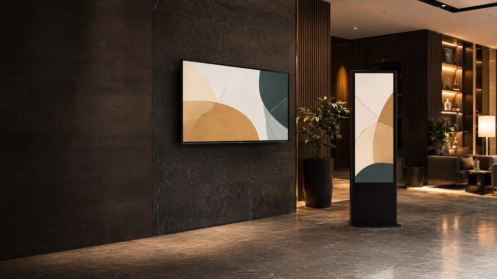 Écran mural et totem d’affichage dynamique dans un espace commercial premium