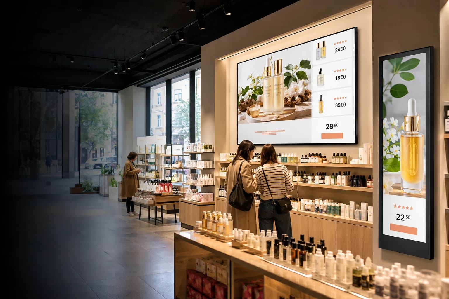 Écrans dynamiques diffusant des promotions produits dans un commerce
