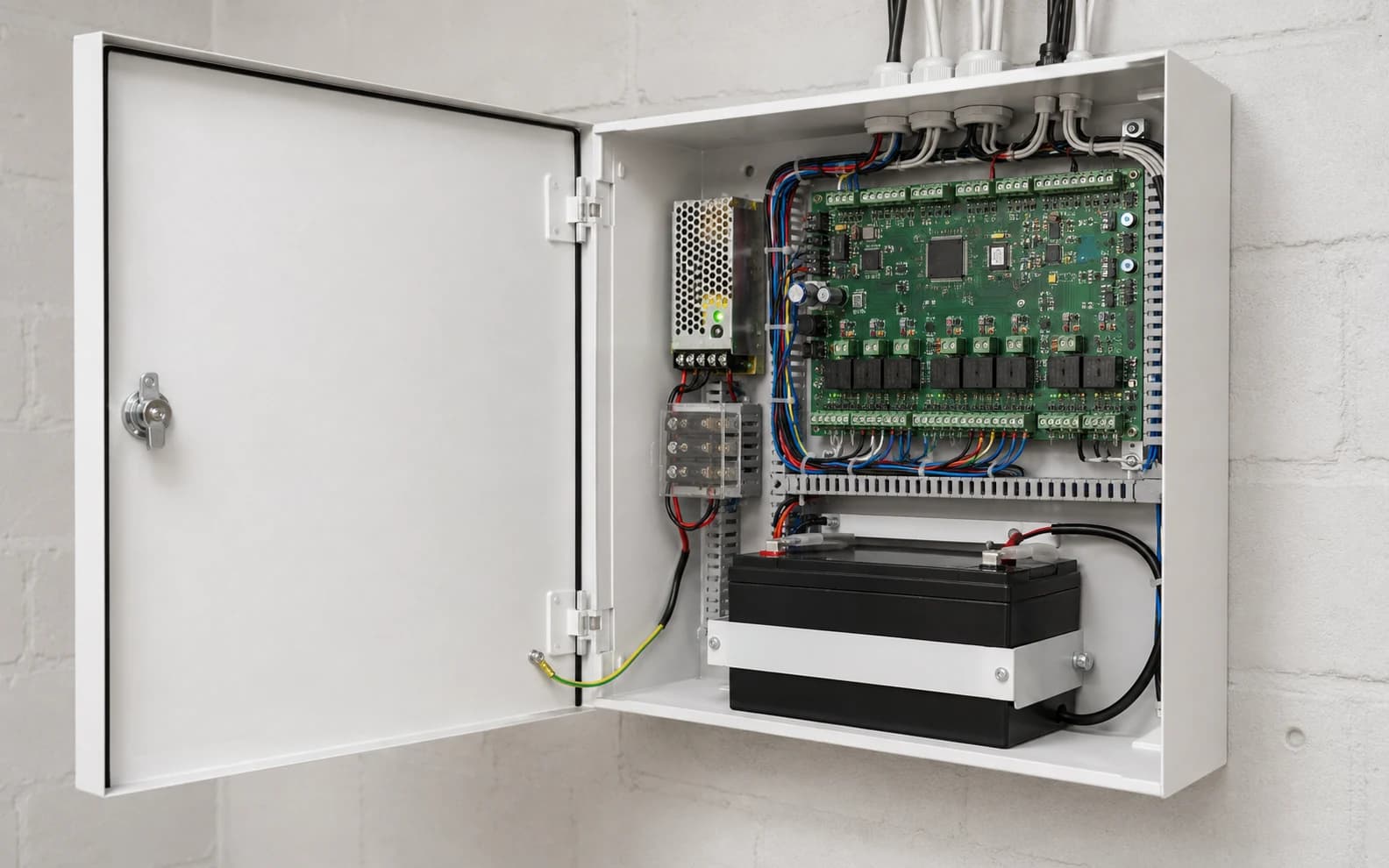 Coffret de contrôle d’accès ouvert avec contrôleur, alimentation et batterie