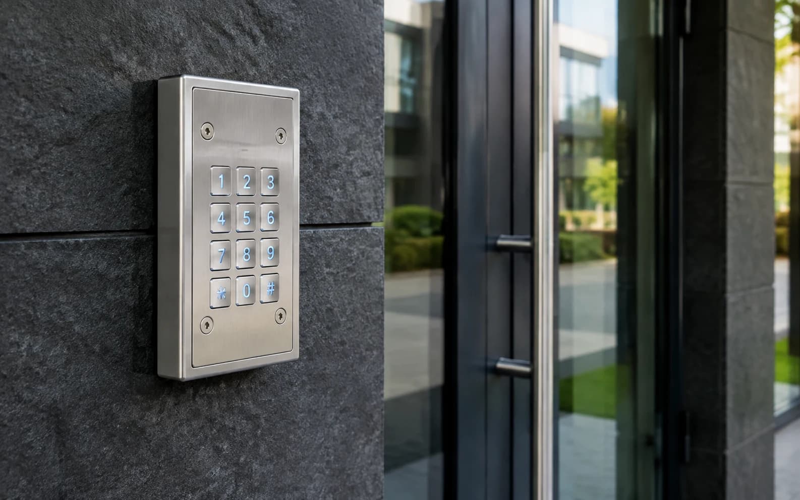 Digicode autonome en inox installé seul près d’une porte professionnelle