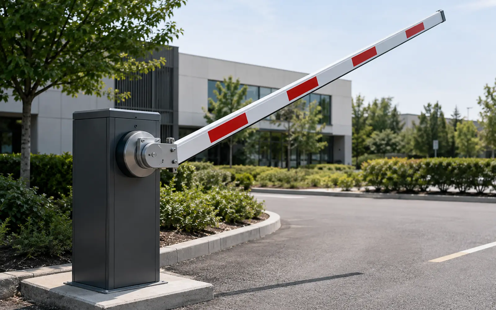 Barrière levante professionnelle présentée seule sur une voie de parking