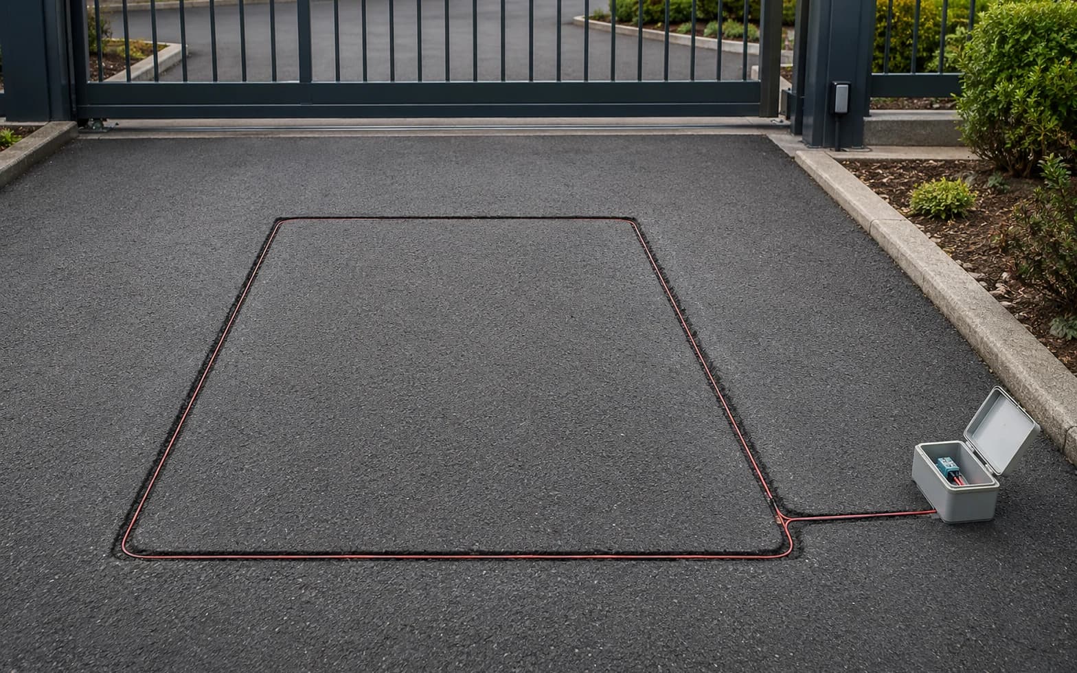 Boucle magnétique intégrée dans la chaussée devant une barrière