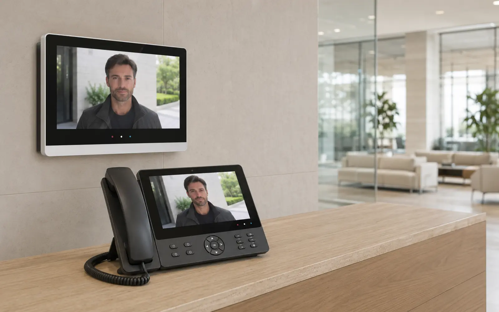 Moniteur vidéo et téléphone SIP recevant le même appel visiteur à l’accueil