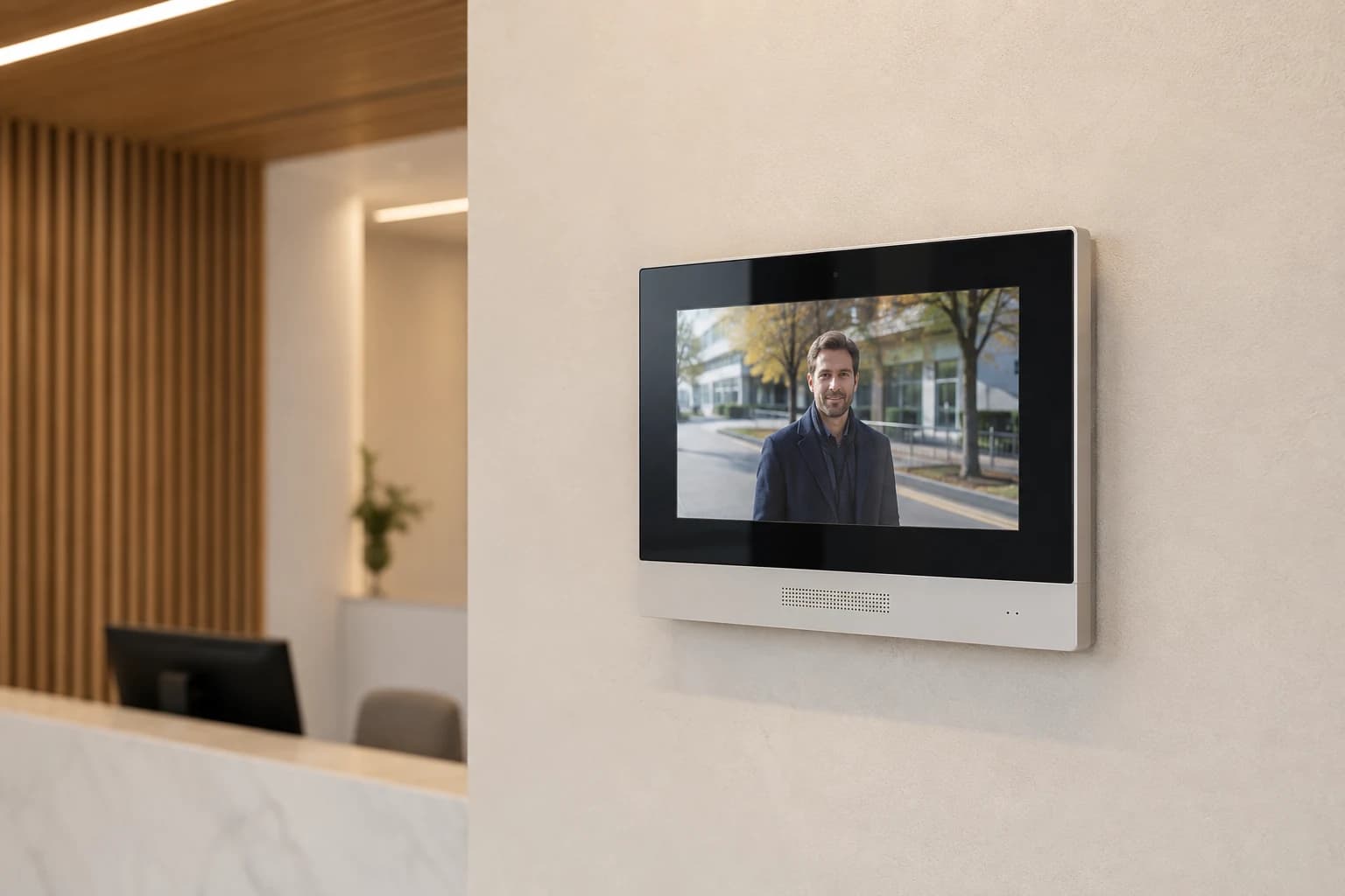 Moniteur intérieur d’interphonie vidéo fixé au mur d’un accueil