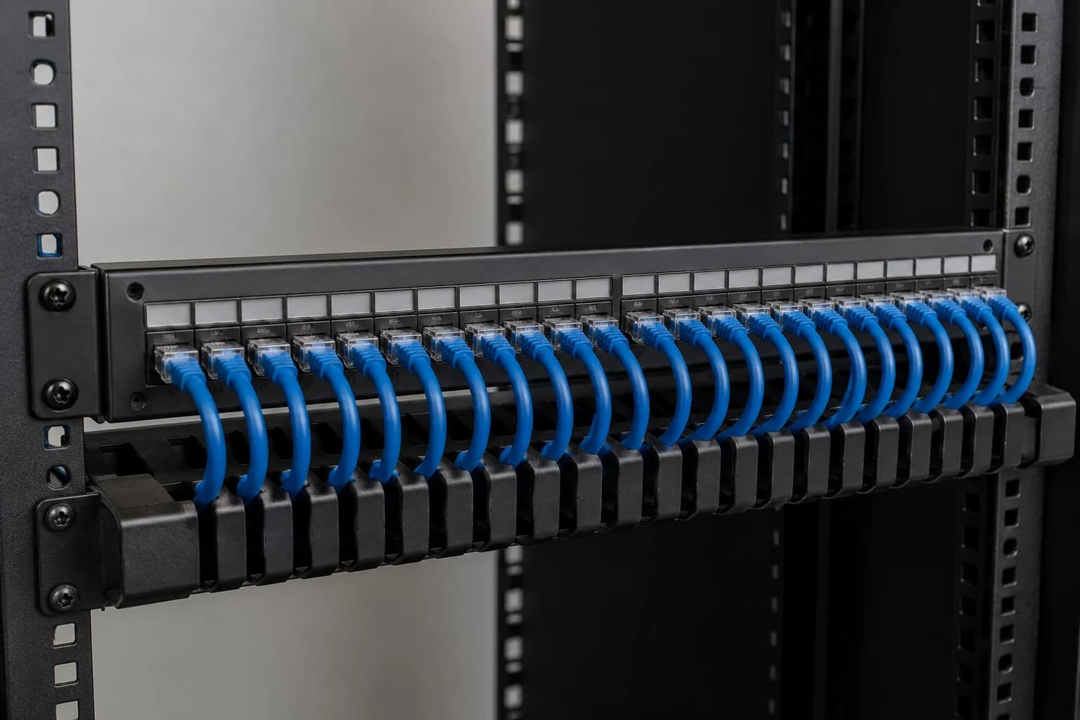 Panneau de brassage RJ45 correctement repéré dans une baie