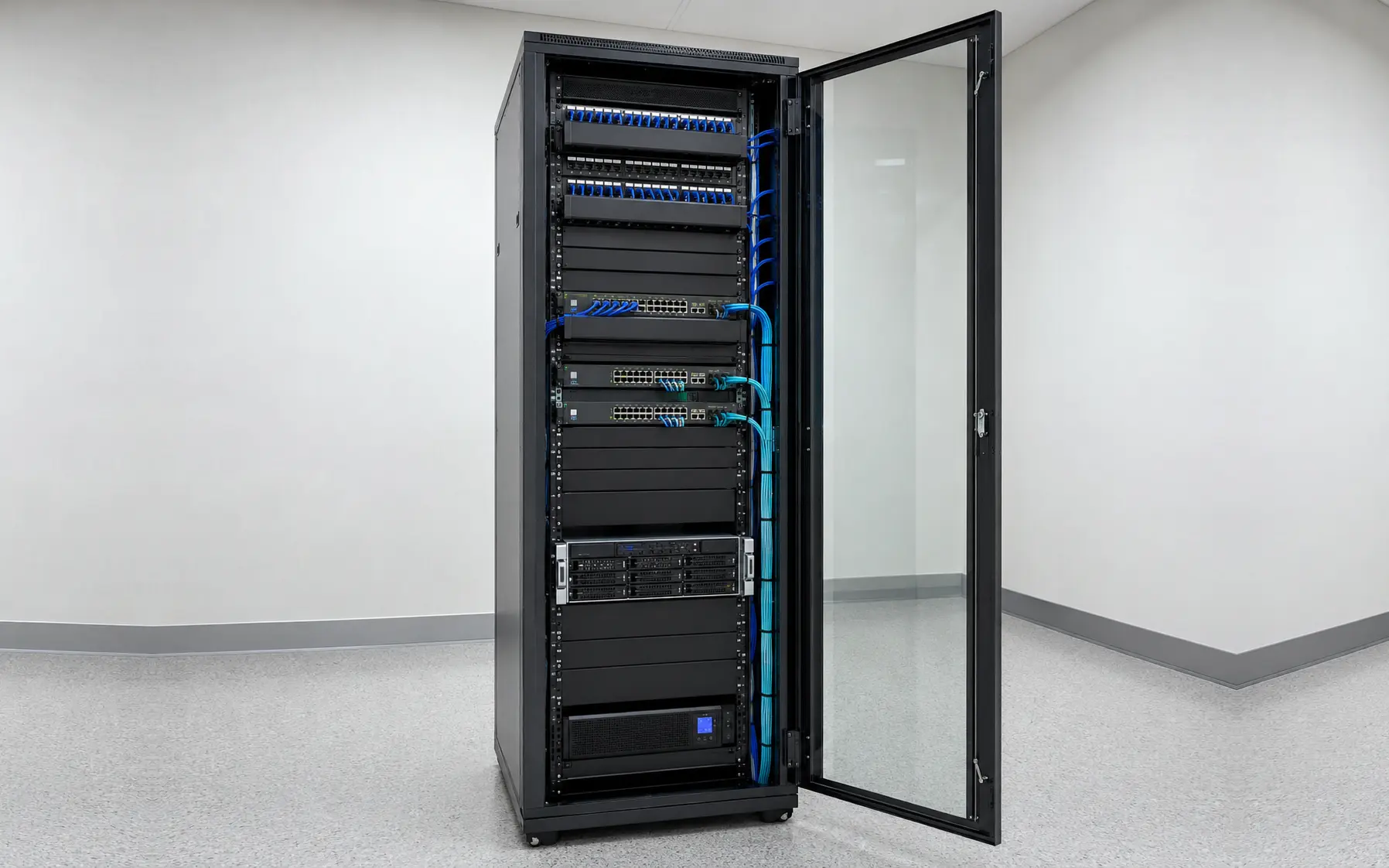Armoire réseau 19 pouces de grande capacité installée dans un local technique