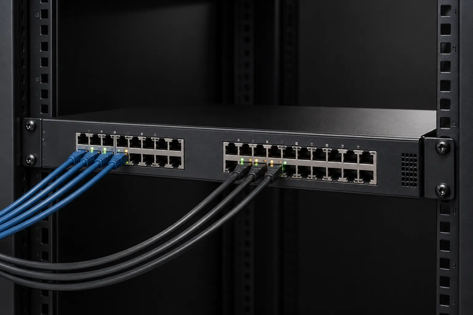 Switch PoE managé installé dans une baie réseau