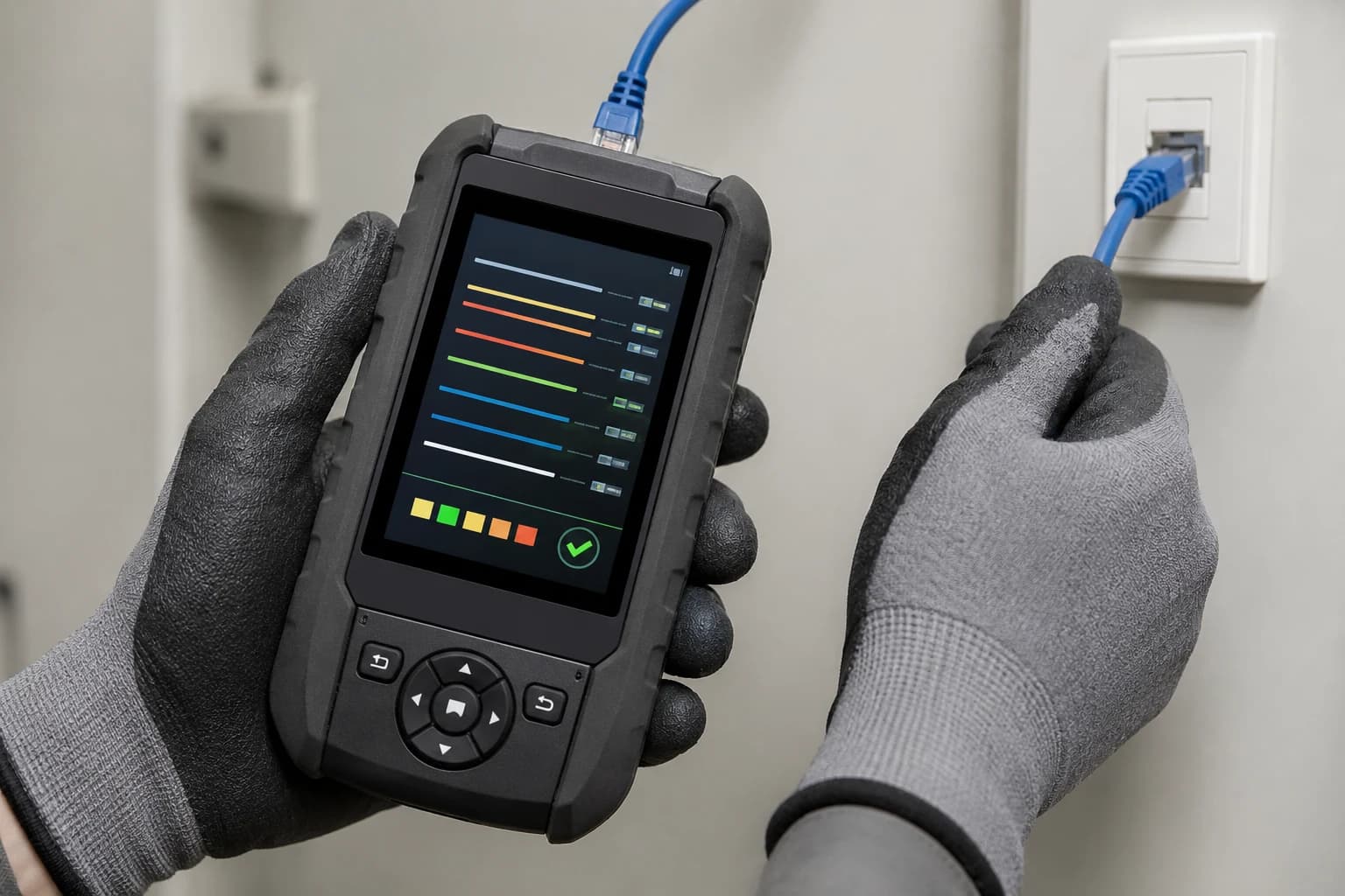Technicien utilisant un testeur de réseau sur un lien RJ45