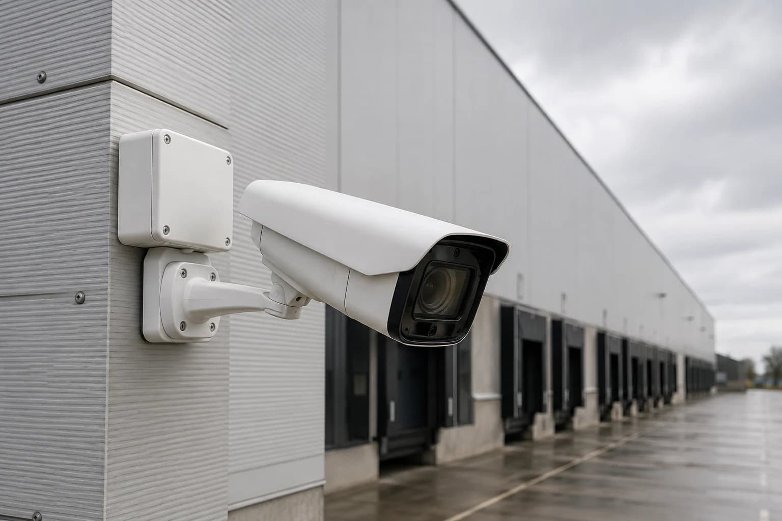 Caméra tube varifocale installée seule sur une façade logistique
