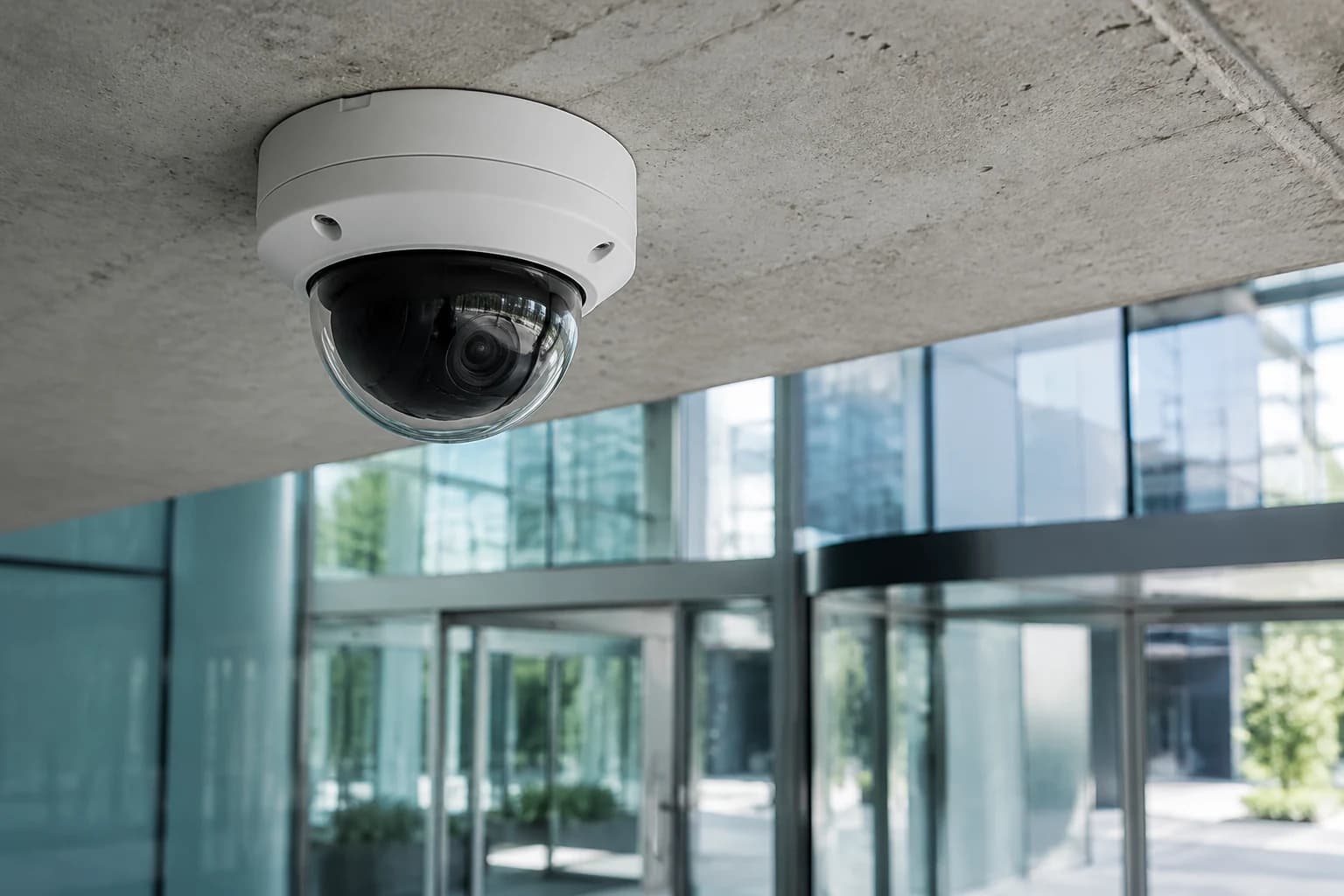 Dôme de vidéosurveillance anti-vandalisme installé seul dans un hall professionnel