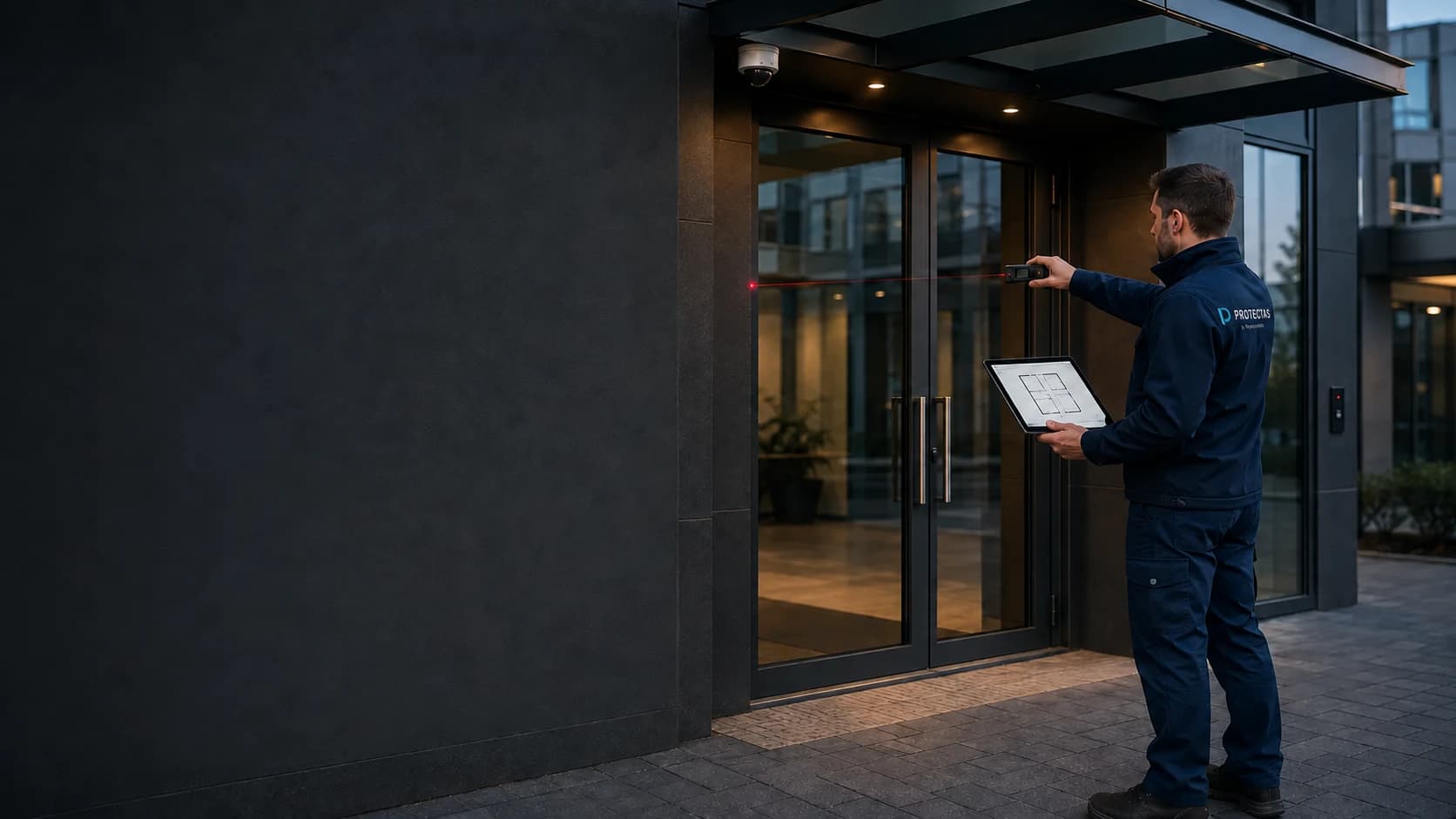 Technicien Protectas étudiant une installation de sécurité professionnelle avant son financement