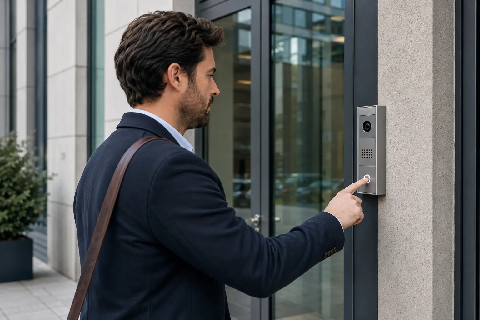 Visiteur utilisant une platine d’interphone IP correctement installée