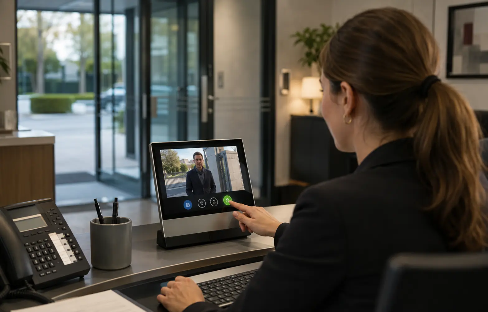 Réceptionniste répondant à un appel vidéo d’interphone