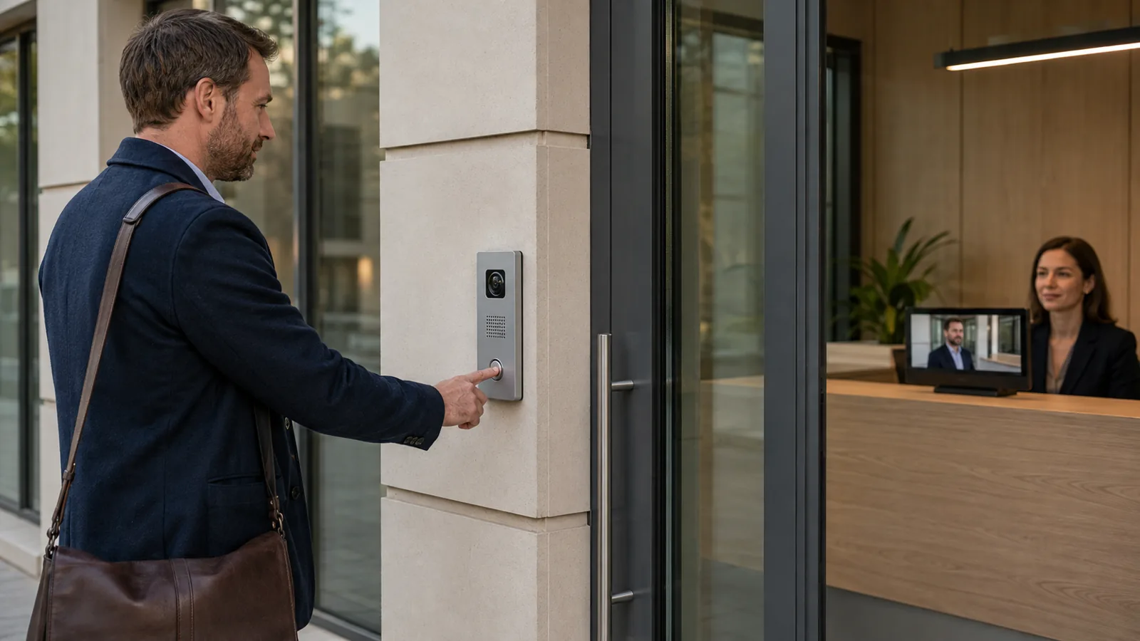 Visiteur utilisant un interphone vidéo à l’entrée d’un bâtiment