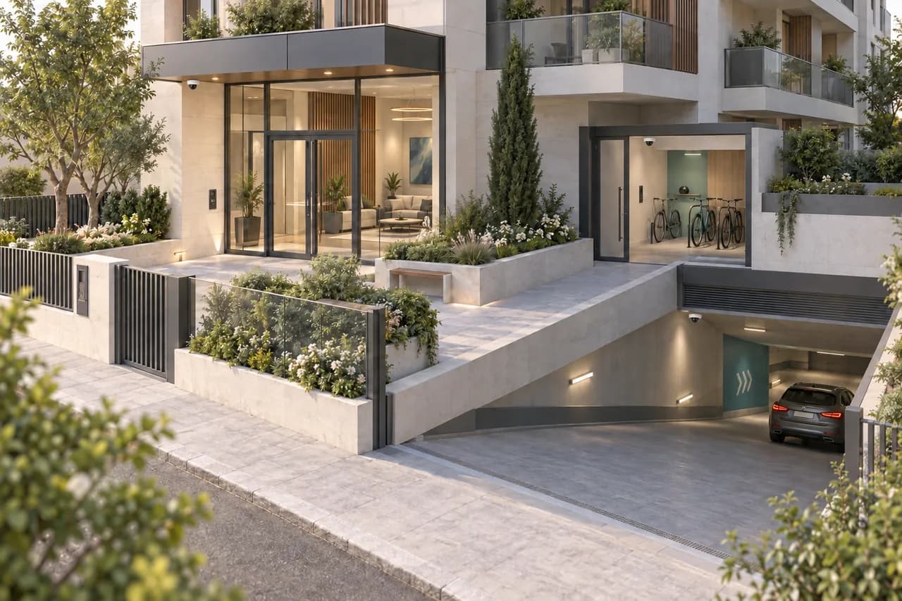 Vue 3D d’un bâtiment résidentiel avec ses accès et ses abords
