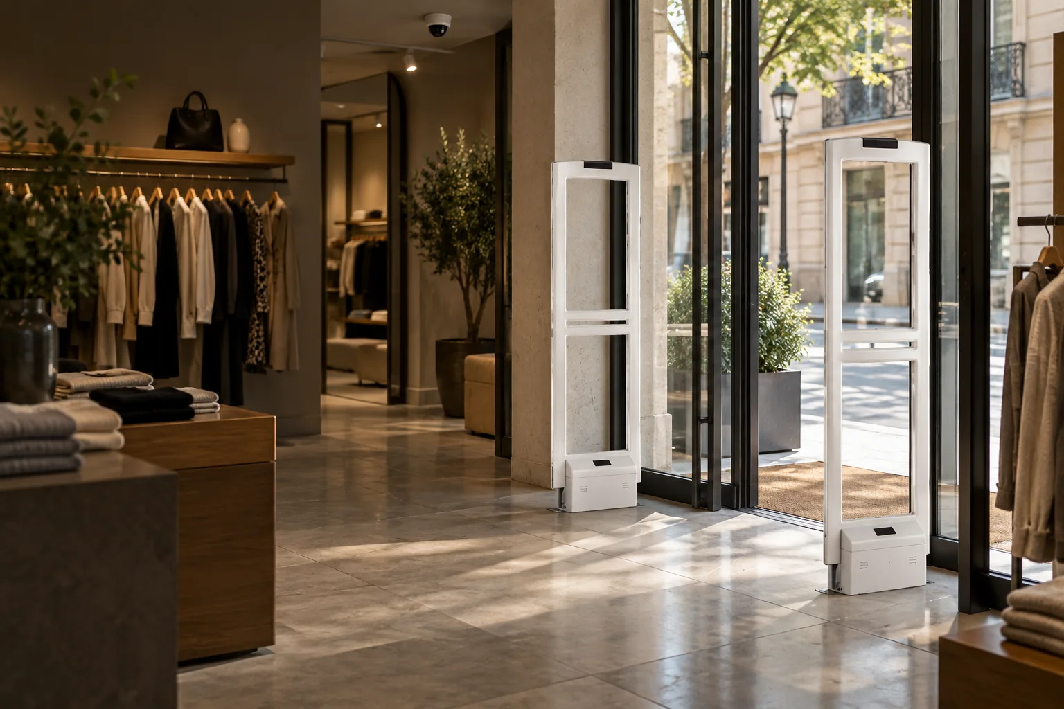 Portiques antivol blancs de part et d’autre de l’entrée d’une boutique de prêt-à-porter