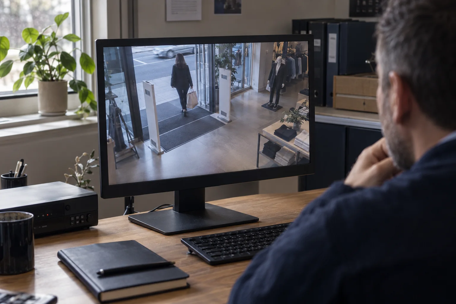 Responsable devant un écran de vidéosurveillance montrant l’entrée d’un magasin équipée de portiques