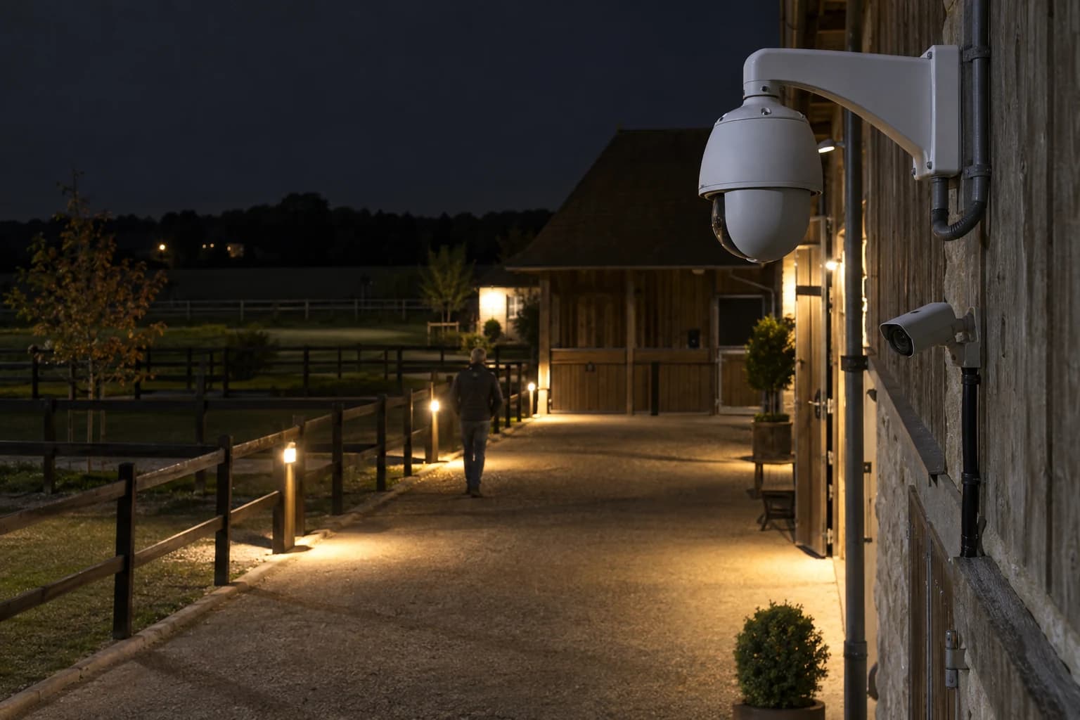 Entrée d’une écurie la nuit, éclairage maîtrisé du passage et caméra orientée vers l’accès