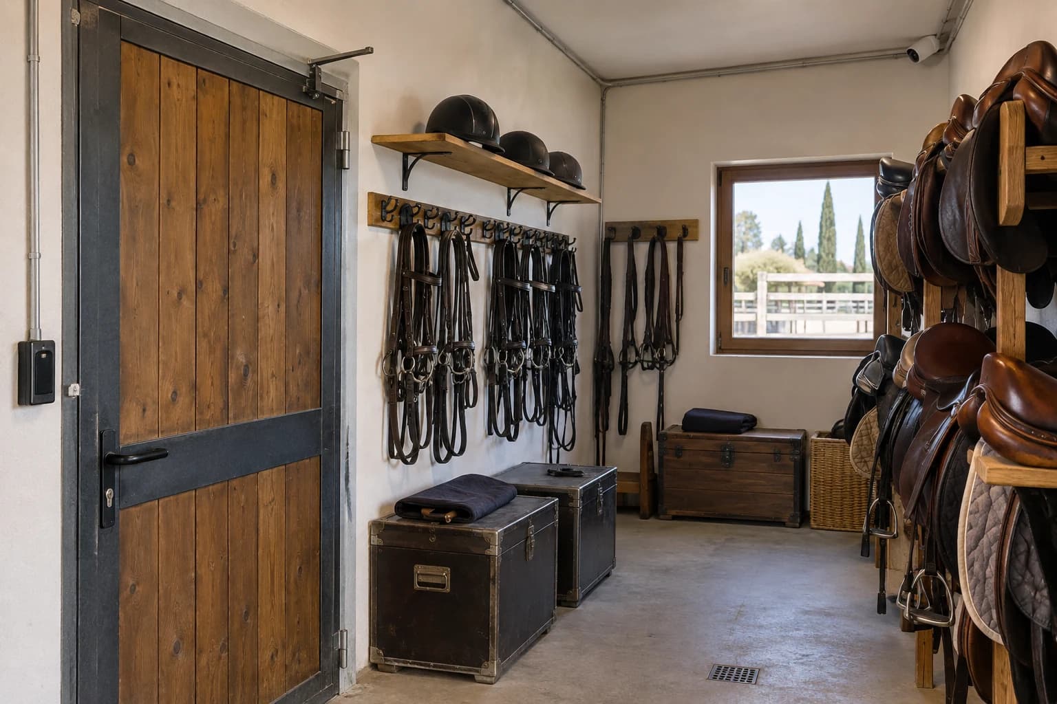Entrée de sellerie organisée avec rangement des selles, lecteur de badges et contact de porte