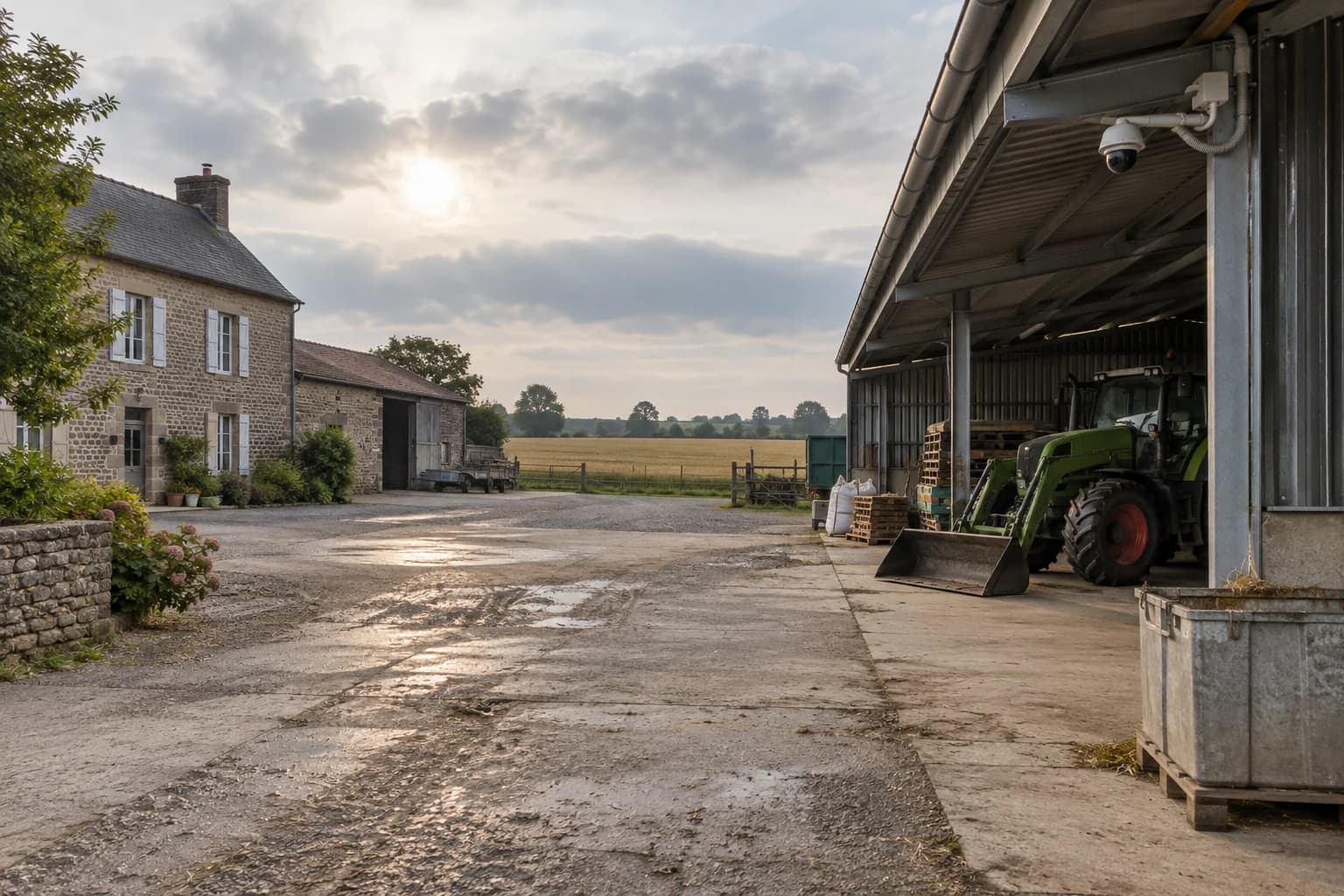 Cour d’exploitation agricole avec plusieurs bâtiments et un hangar à matériel
