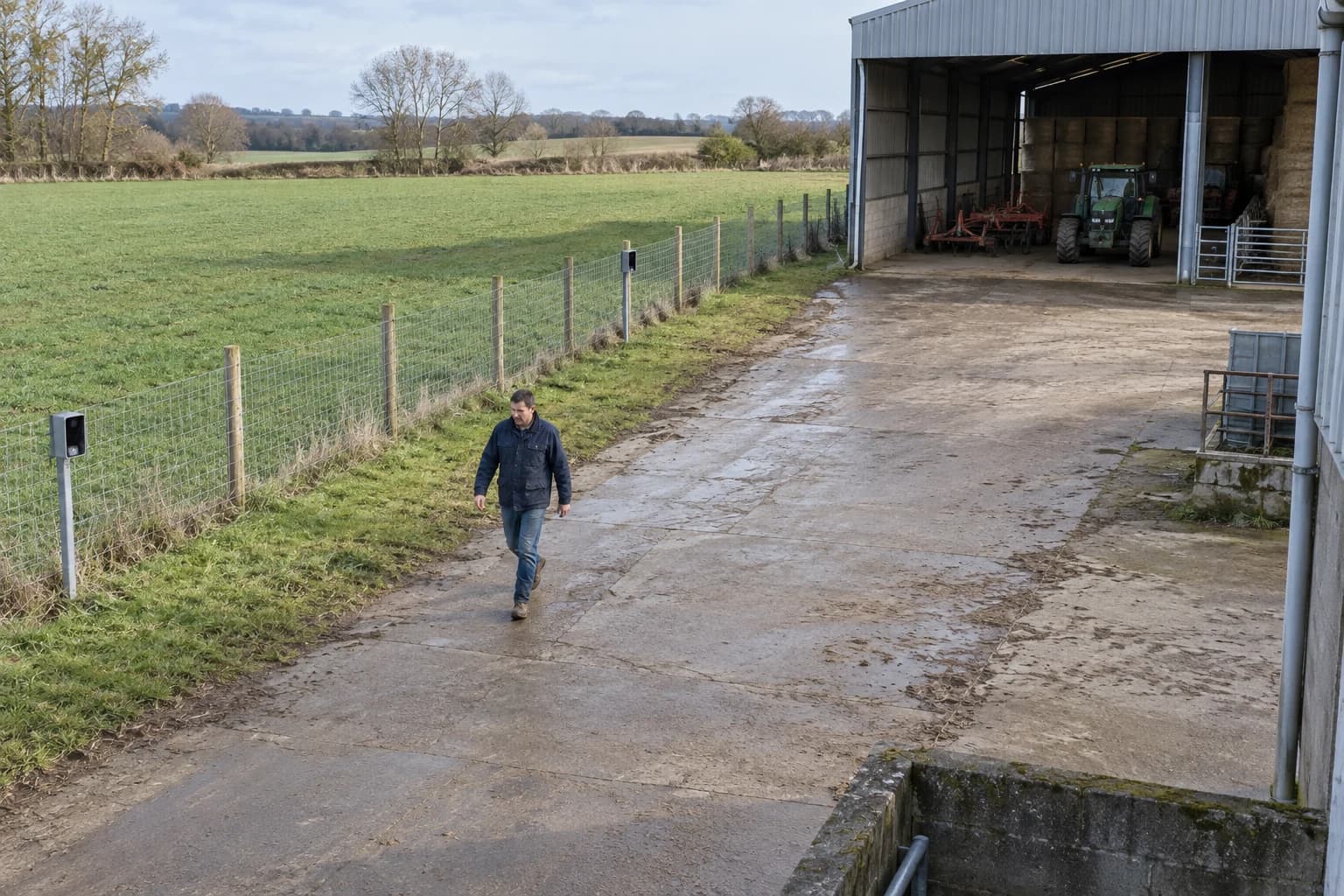 Vue d’une cour de ferme montrant les circulations entre portail, hangar et bâtiments séparés