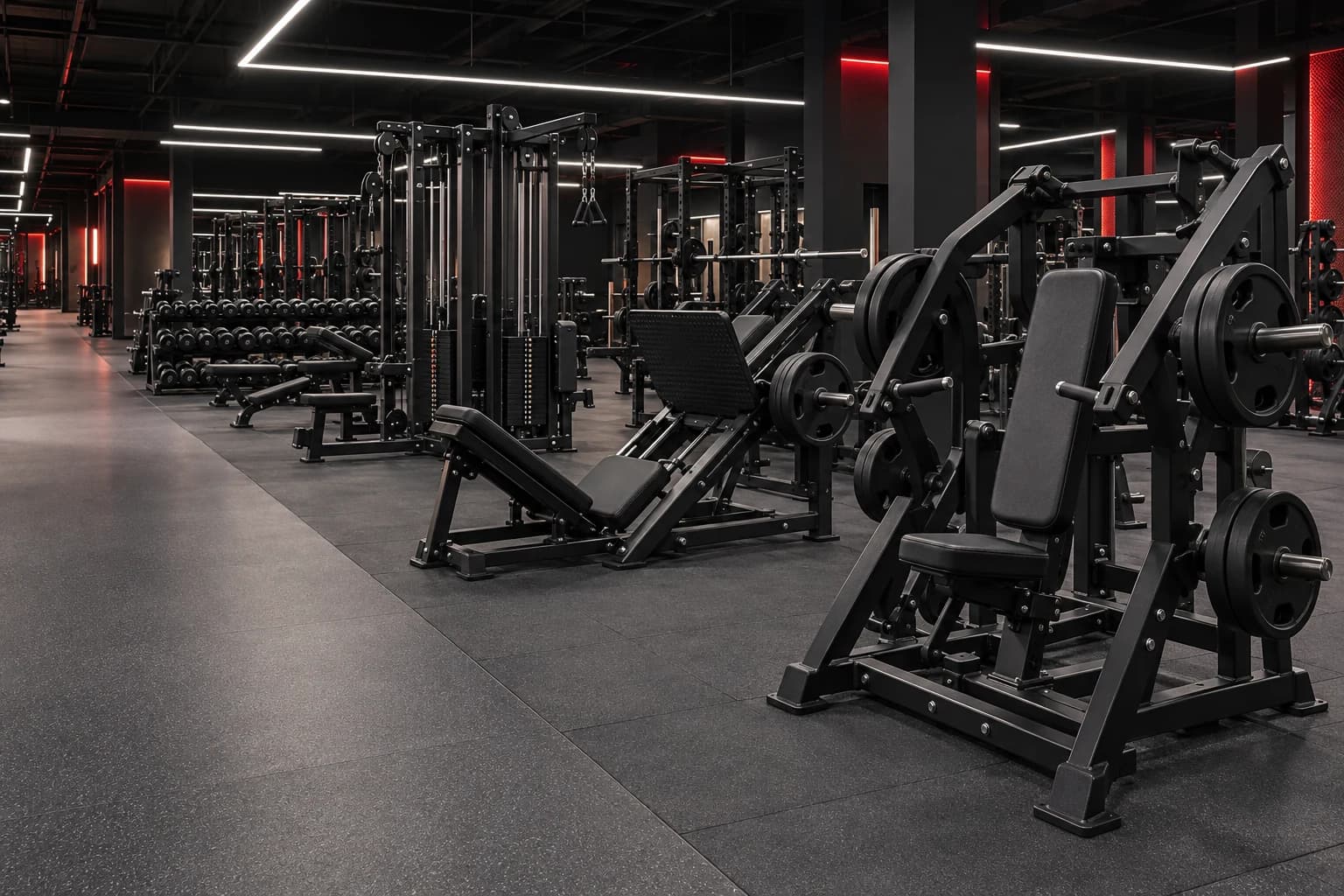 Plateau de musculation avec circulation et équipements, sans personne placée sous caméra rapprochée