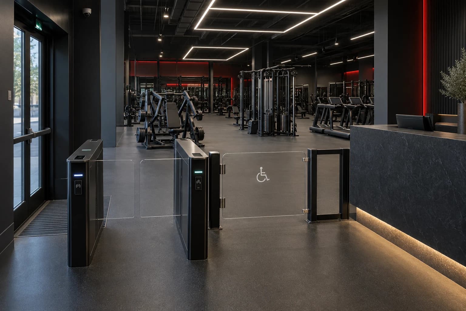 Entrée d’une salle de sport avec espace d’accueil et plateau de pratique distinct