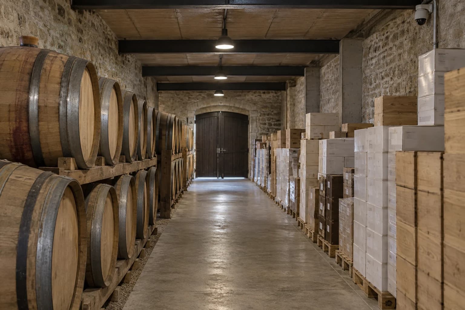 Allée d’un chai de stockage avec bouteilles conditionnées et accès de manutention dégagé