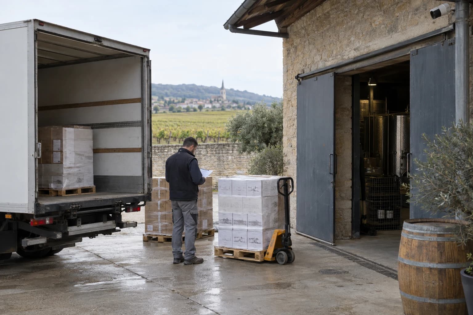 Zone d’expédition viticole avec palettes de cartons et chargement dans une aire dédiée