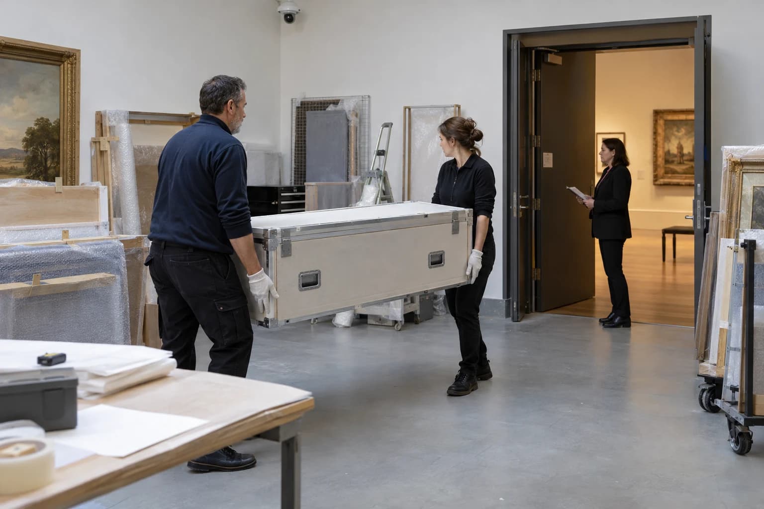 Illustration de la remise encadrée d’une caisse d’œuvre d’art dans une zone de préparation