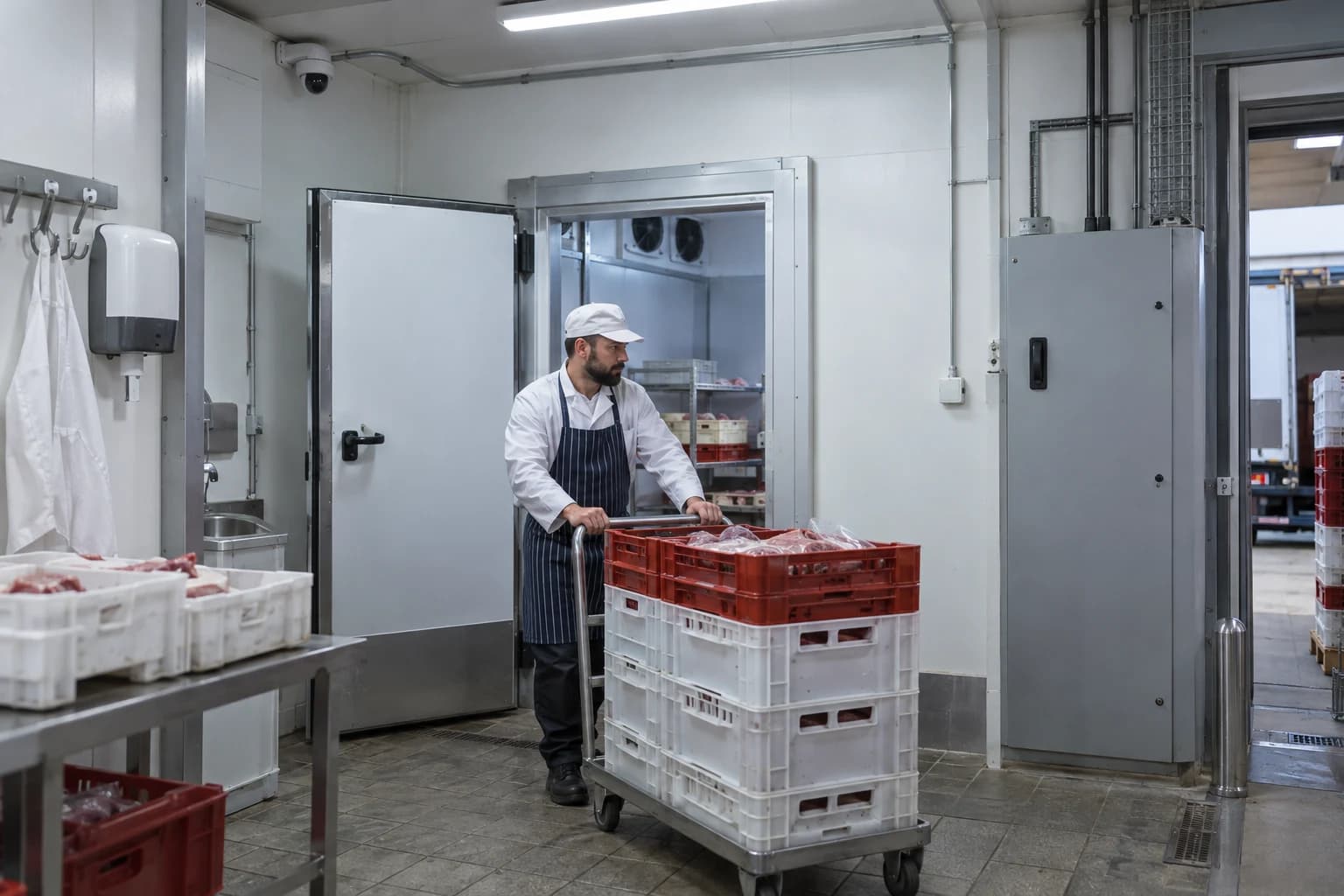 Illustration fictive d’une réserve de boucherie avec accès de livraison et chambre froide